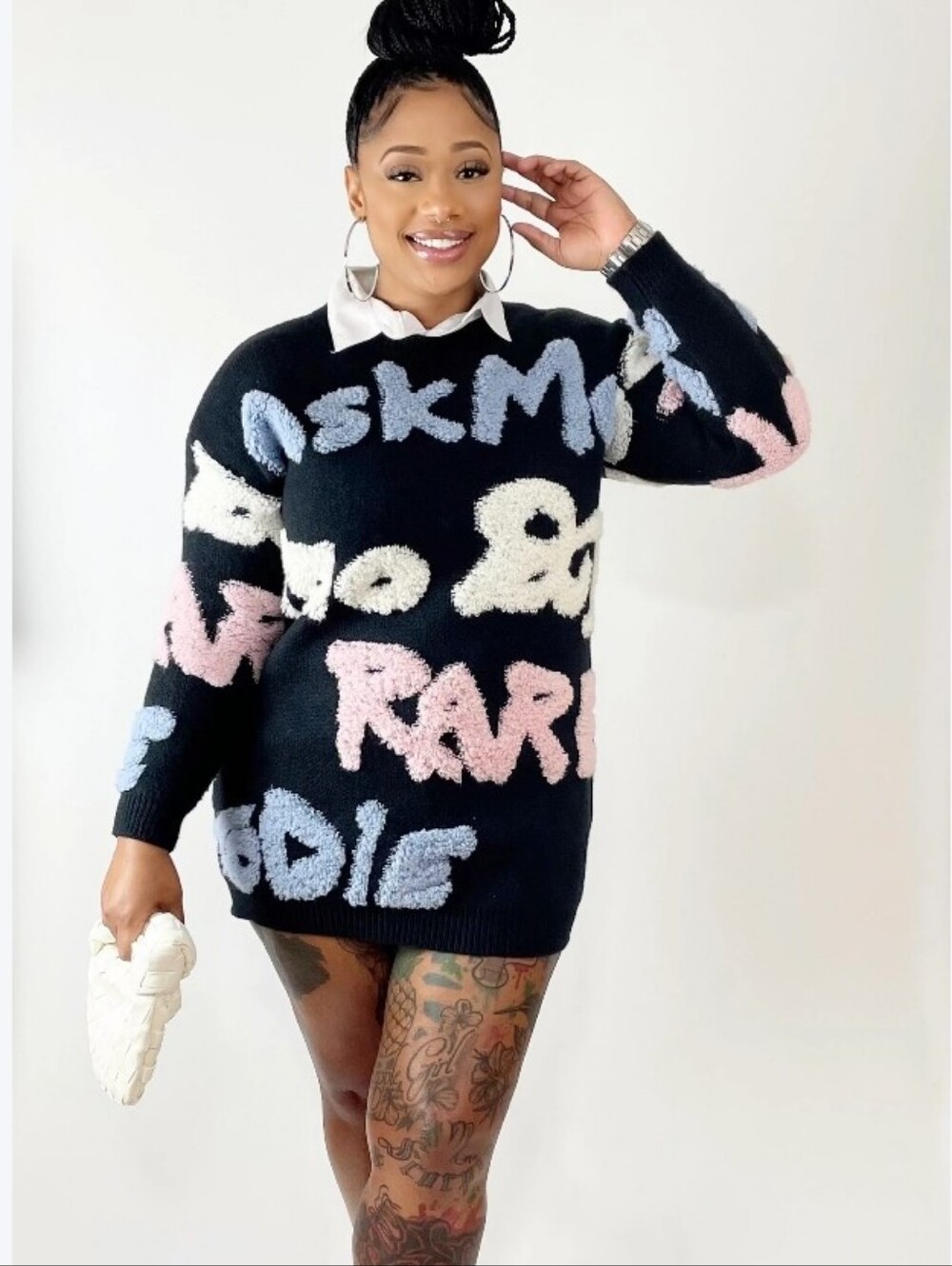 SHEIN Black Graphic Knit Sweater Dress W Pastel Blue, Pink and Cream Lettering